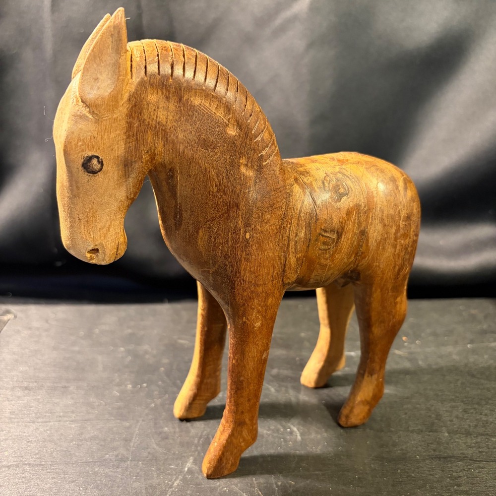 Antique 19th Century Chinese Folk Art Hand Carved Wood Horse Figurine 7in